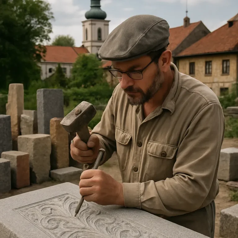 Kamieniarz Sławków przy pracy nad nagrobkiem w warsztacie EMKA Kamieniarstwo, Sławków.
